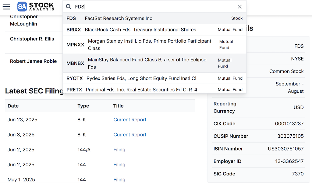 StockAnalysis Displaying Ticker and CUSIP