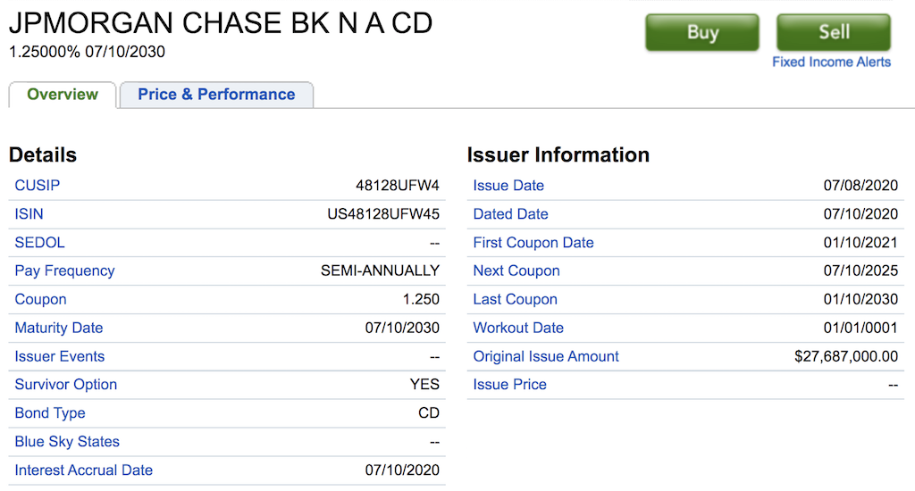 Brokered CD Example Offered by JPMorgan Chase Bank