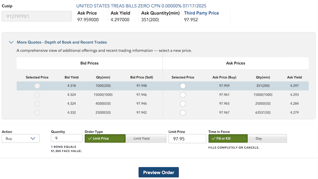 US Treasury Bill - Buy/Sell with Fidelity Investments